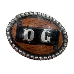Vintage Western Belt‎ Buckle DG Initials Brown Basketweave Leather Silver Tone